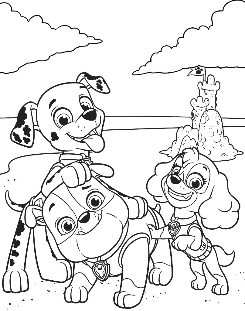 Online coloring book: Coloring book of dogs playing on the beach